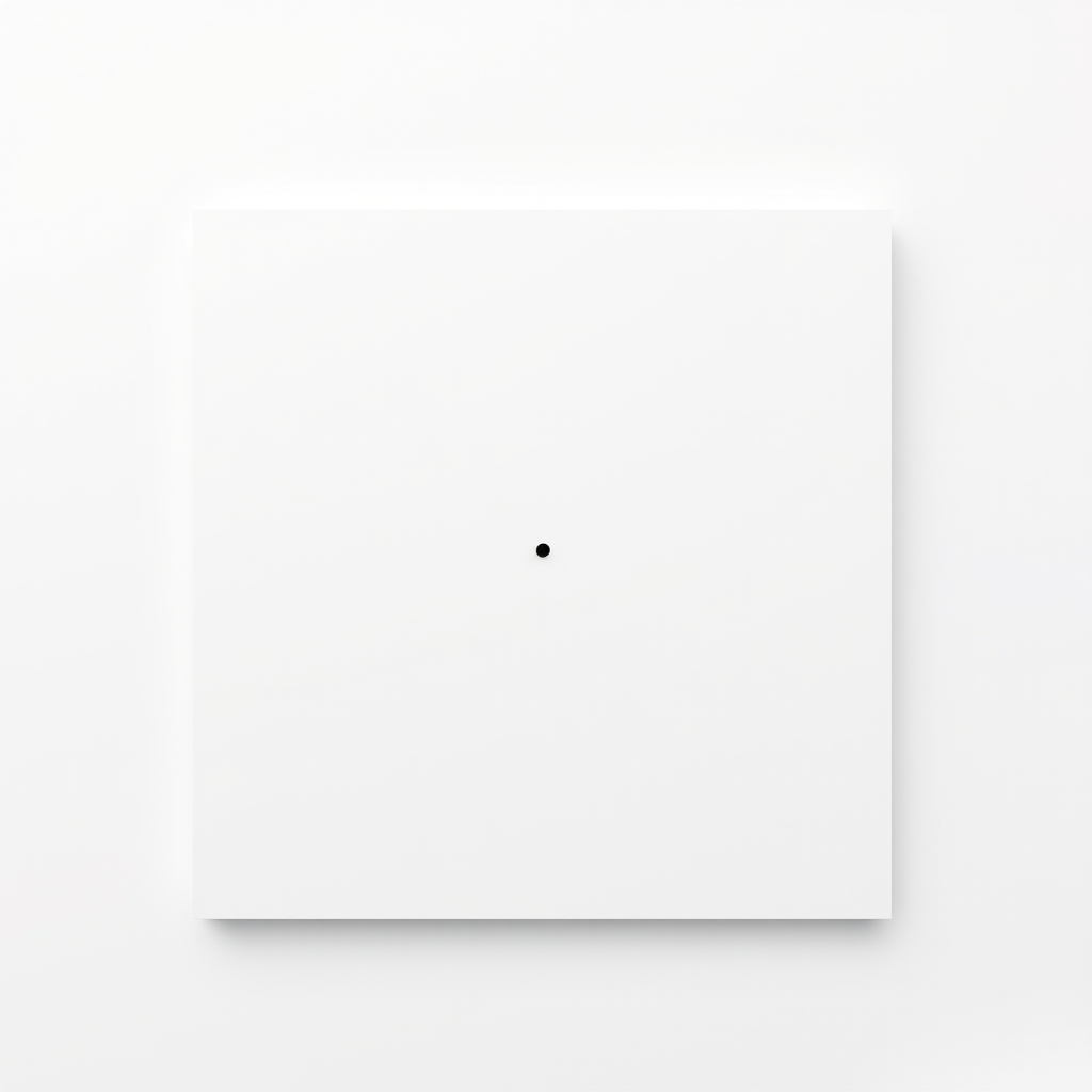 Create a high-resolution image of a plain white square with a small black dot in the center, shot with a Canon EOS R5 at f/8, ISO 100, 1/200s, using a top-down perspective, soft lighting, and minimalistic style.