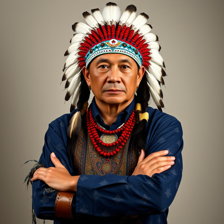 Create a dignified portrait of a Native American man dressed in traditional attire. He wears a beautifully crafted headdress adorned with white feathers and red beads, along with a beaded headband featuring intricate patterns. His clothing includes a deep blue, patterned shirt and a traditional chest piece with detailed beadwork. His arms are crossed, displaying leather armbands decorated with feathers. The background is simple and neutral, emphasizing his proud and stoic expression. The overall image captures the rich cultural heritage and strength of his persona.