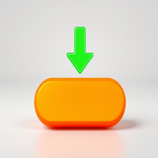 Generate a smooth, rounded orange button with a green downward arrow above it, using a Canon EOS 5D Mark IV, f/4 aperture, ISO 100, 50mm lens, in a well-lit studio environment with a clean background for enhanced clarity and detail.