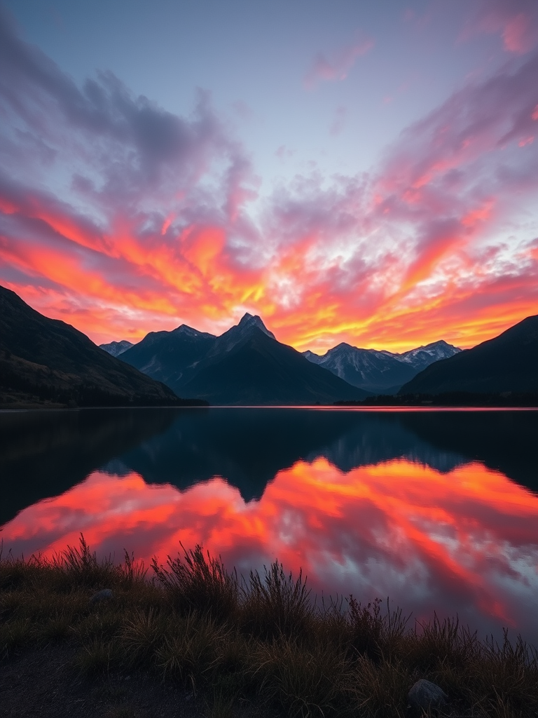 create a high-resolution image of a serene landscape featuring a calm lake reflecting mountains at sunset, with vibrant orange and purple hues in the sky, captured using a DSLR camera at f/8 aperture, ISO 200, 1/125 sec shutter speed, shot from a low angle for a dramatic perspective in landscape photography style