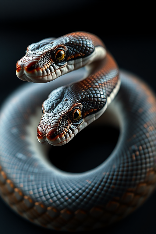 highly detailed 3D rendering of a snake coiled in a dynamic pose, using a Canon EOS R5 camera, 50mm lens, f/1.8 aperture, ISO 100, shot in macro view to capture intricate textures and colors, with studio lighting to enhance contrast and detail