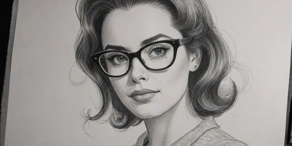 Radiant Eden Espinosa, pencil sketch, portrait of Bewitching woman 1962s in glasses, hair style beatnik, outline, clear lines, fine lines, 8k
