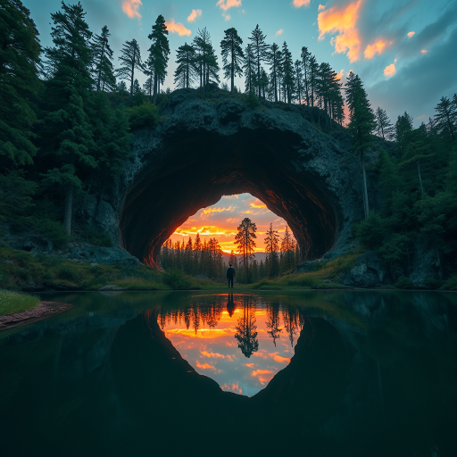 A surreal landscape of a cavern with a figure standing at the entrance, surrounded by towering trees and a vibrant sunset reflecting on a still lake, captured with a Canon EOS R5, 24mm lens, f/8 aperture, ISO 100, and a wide-angle perspective to enhance depth and detail.
