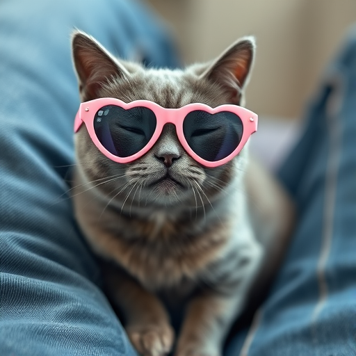 A cute gray cat wearing pink heart-shaped sunglasses sitting comfortably on a person's lap with denim jeans visible in the background. The cat appears relaxed and content, with its eyes partially closed. The setting has soft lighting, creating a cozy atmosphere.
