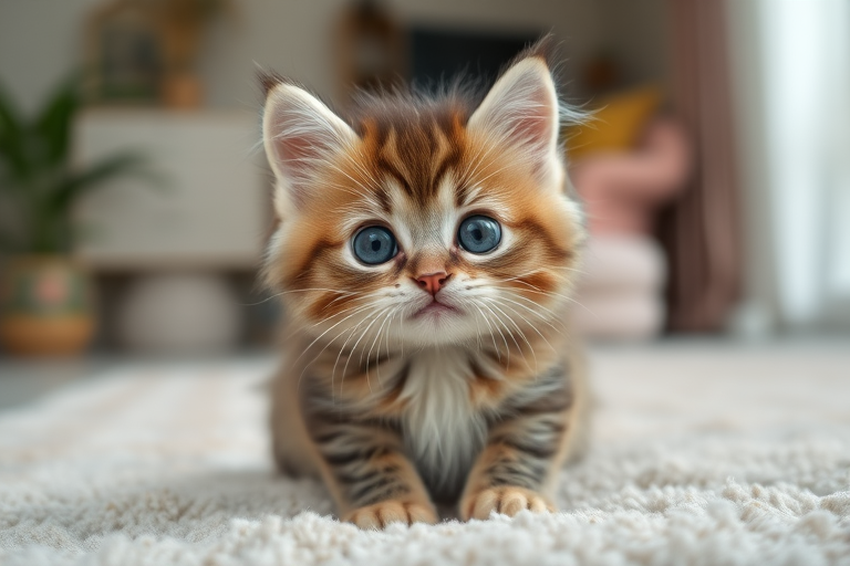 A fluffy kitten with big round eyes and a tilted head sitting on a soft carpet with a playful expression and a background of a home interior