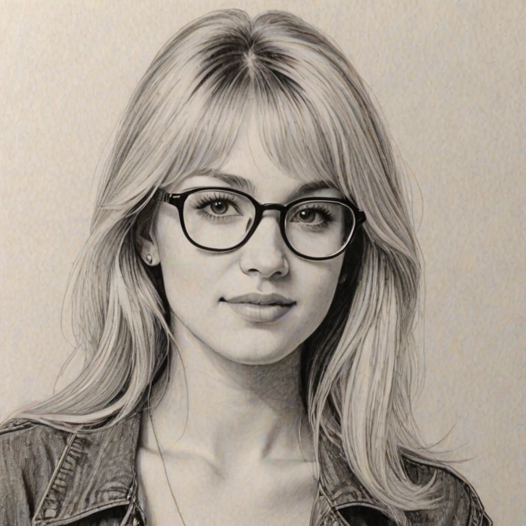 Sublime Hannah Montana, pencil sketch, portrait of Beauteous woman 1980s in glasses, hair style beatnik, outline, clear lines, fine lines, 8k