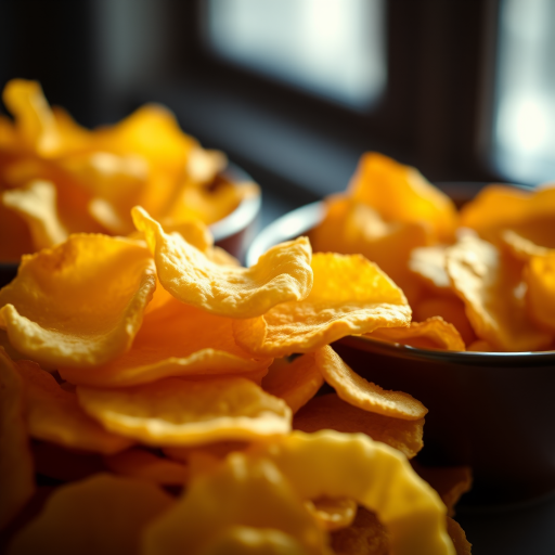 close-up of a pile of golden potato chips with a blurred background of another bowl of chips, soft natural lighting, f/2.8 aperture, 50mm lens, ISO 100, DSLR camera, shallow depth of field, dramatic shadows
