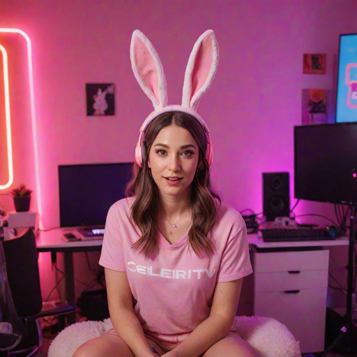 A twitch streamer woman talking to the camera on her streaming setup sitting in a cute neon lit pink streamer room and wearing bunny ears. The orange neon sign in the background reads "CelebTV