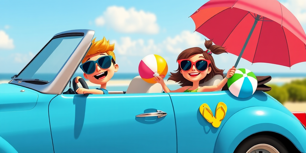 Generate a colorful cartoon image of two cheerful characters in a blue convertible car, one with sunglasses and the other holding an umbrella, traveling with beach accessories like a beach ball and flip-flops, using a wide-angle lens, f-stop 8, ISO 100, and natural lighting to enhance detail and vibrancy.