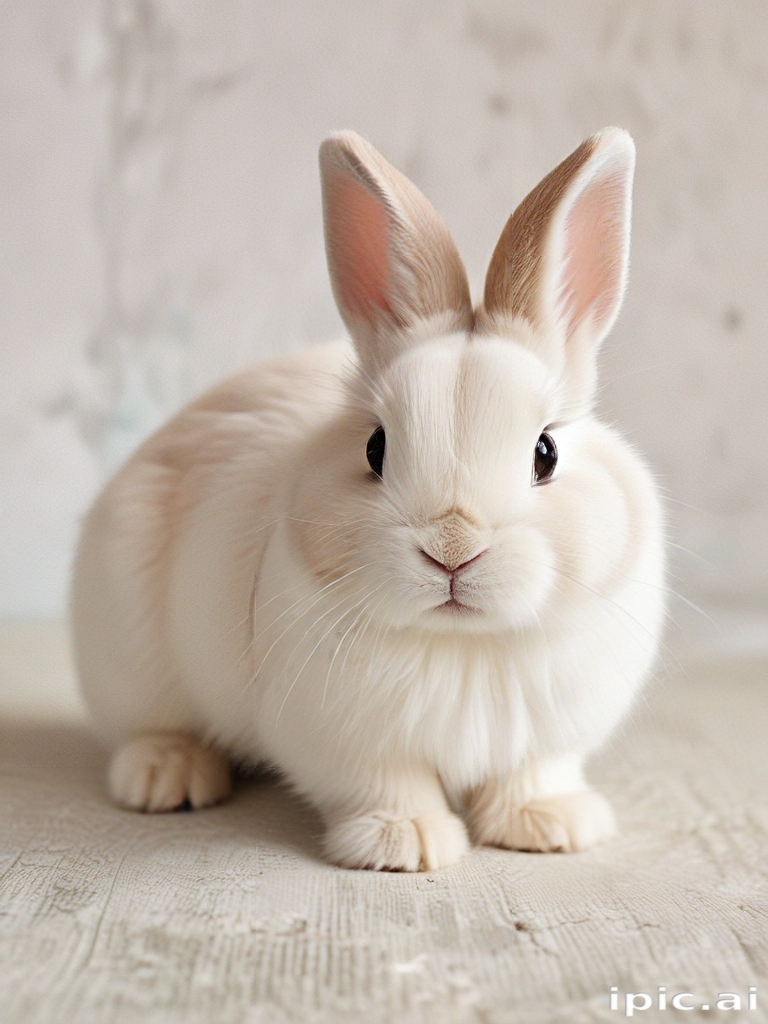 A Cute White Bunny with Floppy Ears Sitting on a Rustic Surface.