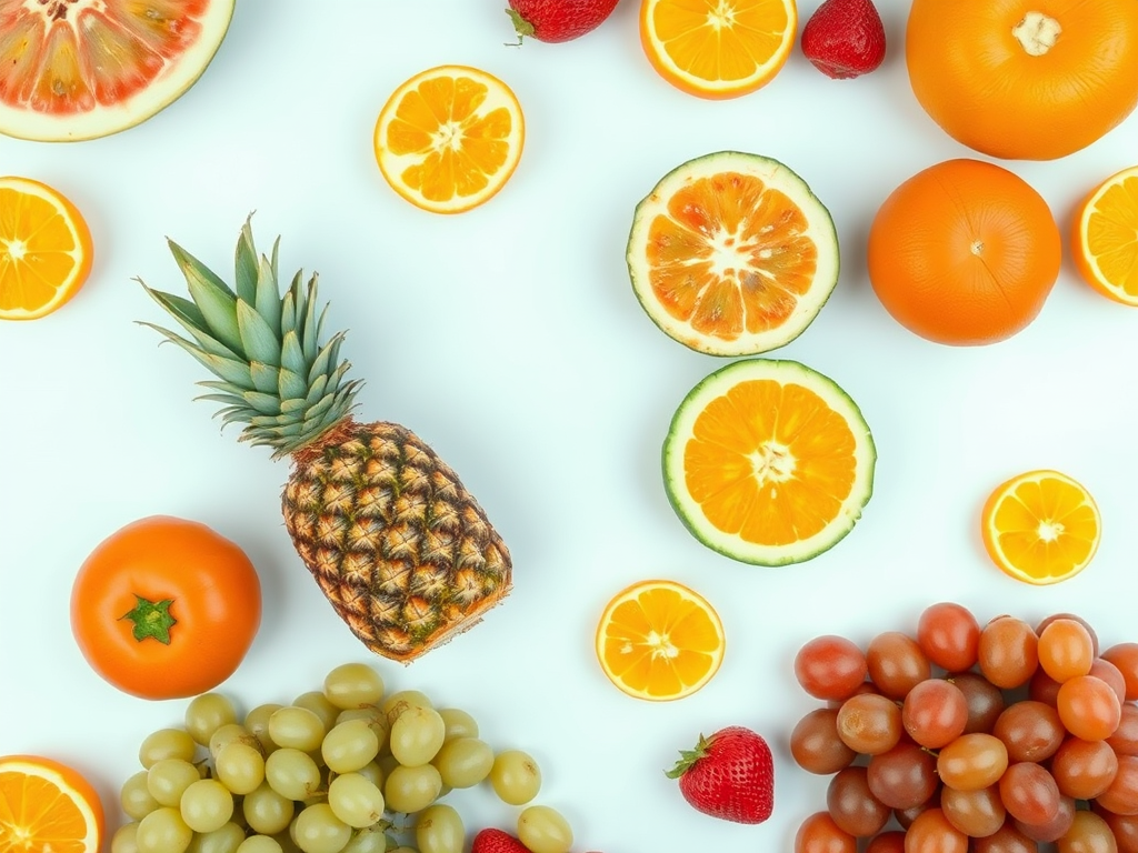 Create a vibrant illustration of assorted fruits including pineapple, watermelon, strawberries, oranges, and grapes on a bright background with high contrast, using a macro lens, f/2.8 aperture, ISO 100, natural lighting for enhanced detail, capturing a top-down view with a digital camera.