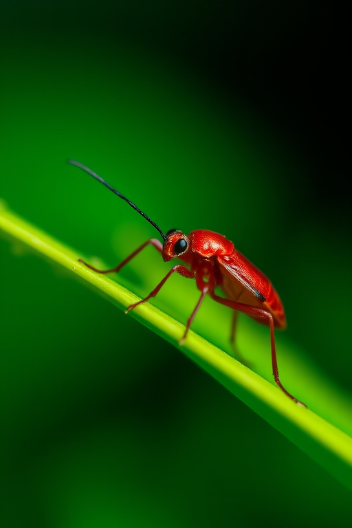 macro shot of a red insect on a green leaf with blurred background, aperture f/2.8, shutter speed 1/250s, ISO 100, taken with a DSLR camera, using a 100mm macro lens, natural lighting
