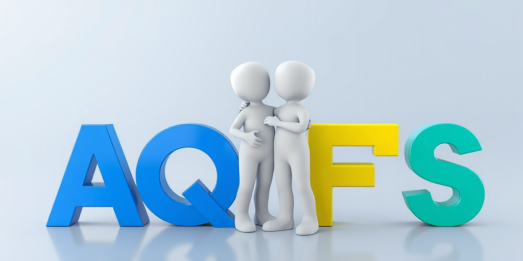 Generate a high-resolution 3D illustration of two stylized white figures standing together among colorful letters A, Q, F, and S in dynamic positions, captured with a DSLR camera at f/4 aperture, 24mm focal length, and ISO 100, with a soft focus background to enhance depth and detail.