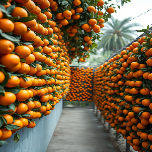 Create a highly detailed image of a wall covered with ripe orange fruits hanging in organized rows, use a DSLR camera with a 50mm lens, aperture set to f/1.8 for a shallow depth of field, ISO 200 for optimal brightness, and natural lighting for vibrant colors.