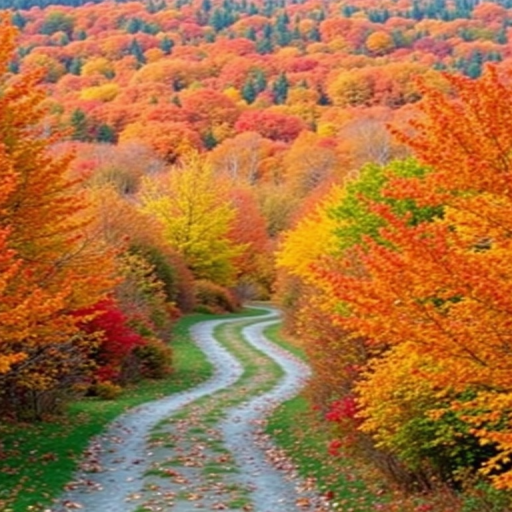 capture a vibrant autumn landscape with a winding path through colorful foliage, focal length 35mm, aperture f/8, ISO 100, soft natural lighting, DSLR camera, landscape orientation