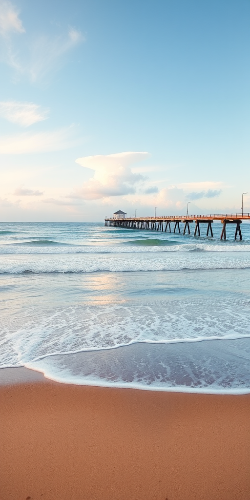Capture a serene beach scene with a long pier extending into the ocean, featuring smooth waves and soft clouds in the sky, using a DSLR camera, aperture f/8, shutter speed 1/125 sec, ISO 100, wide-angle lens at 24mm, afternoon lighting for vibrant colors.