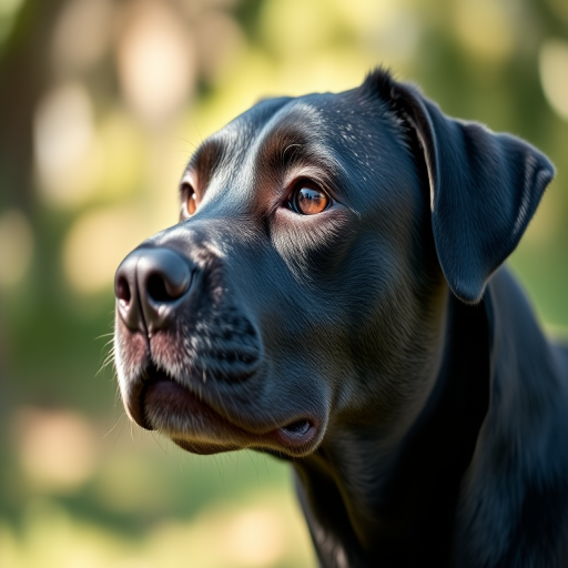 Regenerate an image of a black dog with an expressive face, captured in natural light, using a DSLR camera with a 50mm lens, aperture set to f/1.8, ISO 200, and a shallow depth of field to emphasize the dog's features against a blurred background.