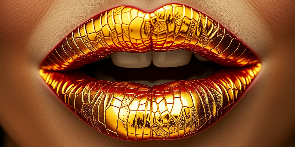 Glamorous gold leaf lips showcase intricate metallic patterns, creating a luxurious and artistic statement that gleams in the light