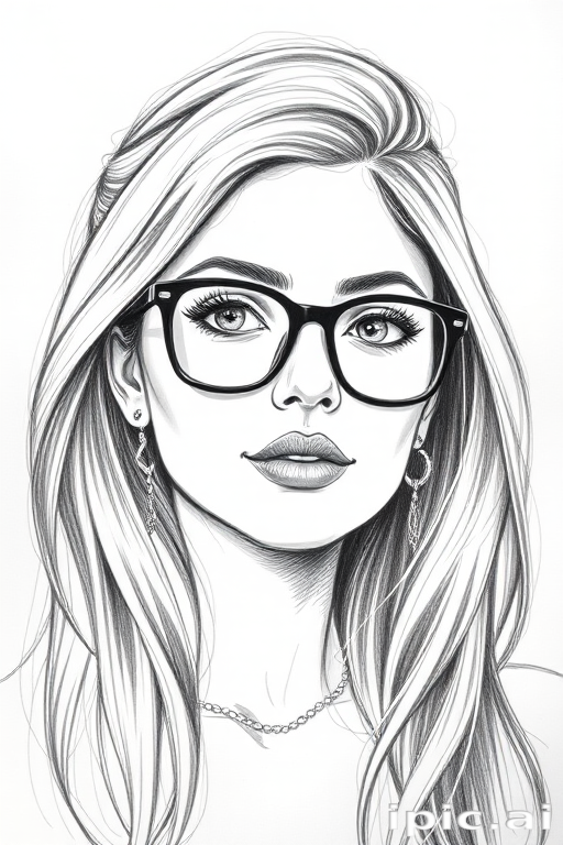 hot mia khalifa, pencil sketch, portrait of beautiful woman 60s in glasses, hair style beatnik, outline, clear lines, fine lines, 8k