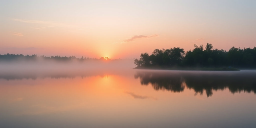 Sunrise over a tranquil lake with mist, reflections of trees and clouds in the water, DSLR camera, 50mm lens, f/8 aperture, ISO 100, 1/125s shutter speed, long exposure, soft pastel colors in the sky, wide shot.