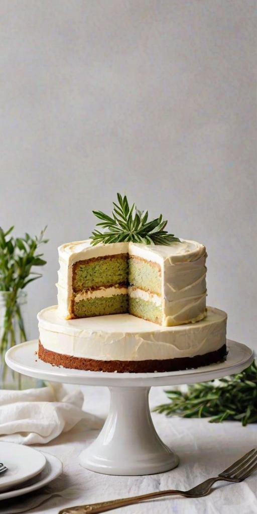Create an image of a layered cake with cream frosting. The cake should have a slice cut out, revealing its interior. Place the cake on a white plate, with a soft, textured tablecloth underneath. Include a small bowl of frosting and a fork nearby. Add a simple, elegant vase with greenery in the background to enhance the setting.