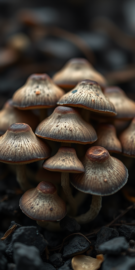 Create a highly detailed and textured image of a cluster of stylized mushrooms in a dark color palette, shot with a DSLR camera at f/2.8 aperture, ISO 100, 50mm lens, in a macro view to emphasize the intricate details and depth of field, with soft natural lighting to enhance the shapes and shadows.