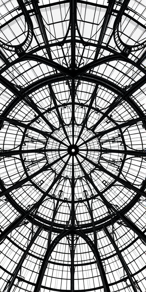 Create a high-resolution black and white image of an architectural ceiling design featuring intricate metal and glass patterns, using a Canon EOS R5, 24mm f/1.4 lens, aperture set to f/8, shutter speed 1/125s, ISO 200, with a wide-angle view and a focus on symmetry.