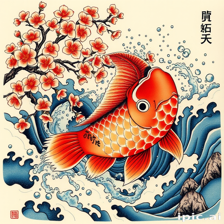Japanese-inspired irezumi tattoo dubbed "Koi's Ascent" featuring a large, colorful koi fish swimming upstream through cherry blossoms and turbulent waves