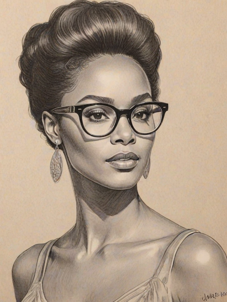 Graceful Janelle Mon'e, pencil sketch, portrait of Gorgeous woman 1970s in glasses, hair style beatnik, outline, clear lines, fine lines, 8k