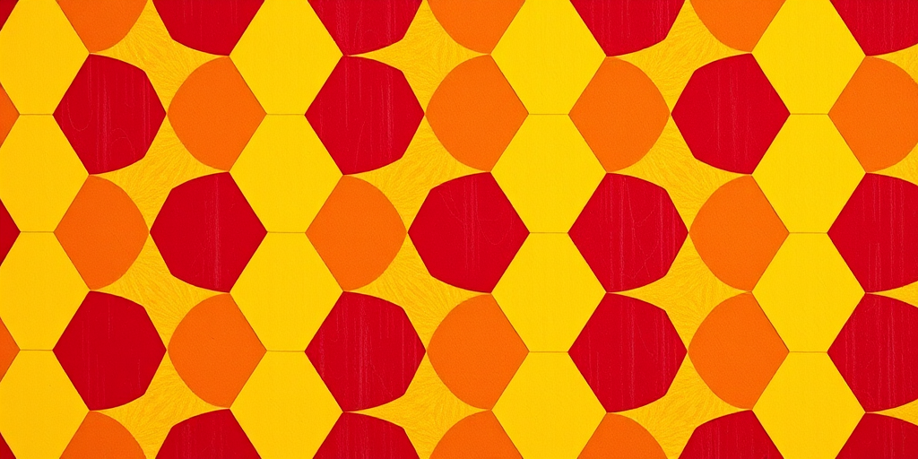 Create a hexagonal pattern with alternating red and yellow hexagons, using a DSLR camera, 50mm lens, f/8 aperture, ISO 100, and a top-down view for enhanced clarity and detail.