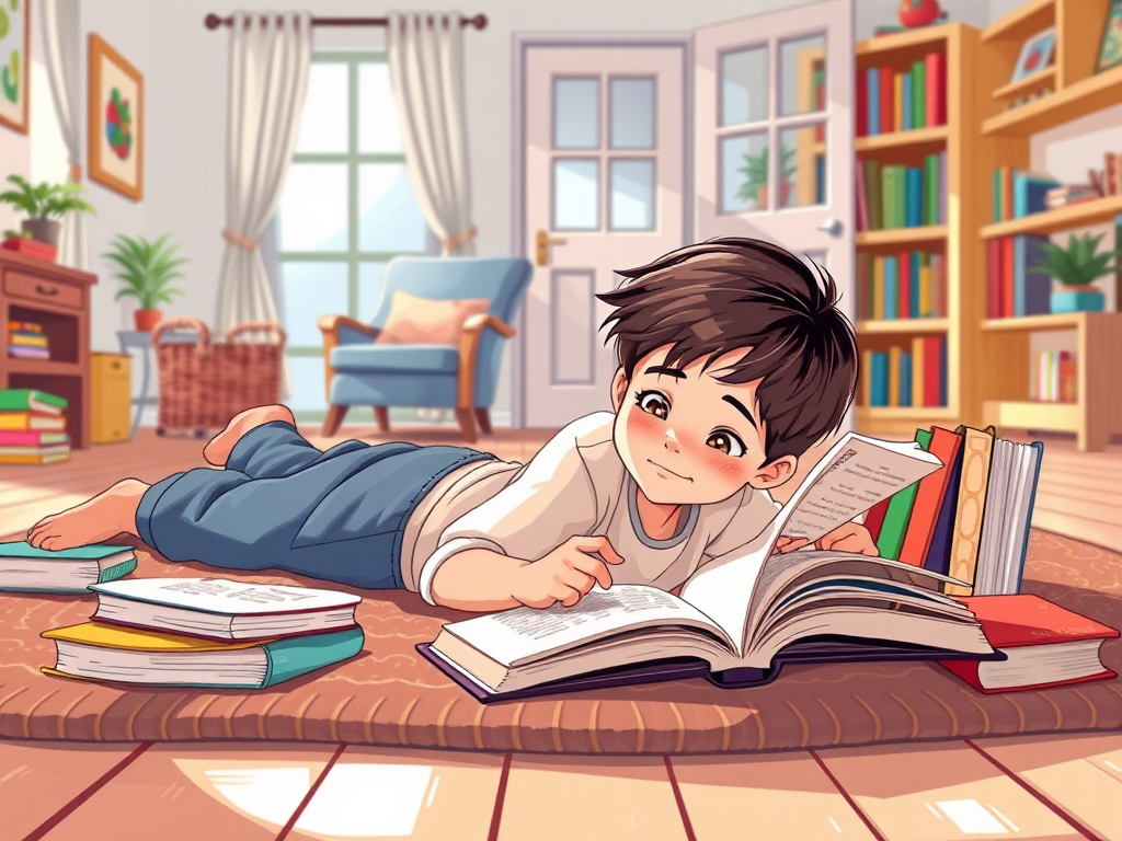 Create an illustration of a young boy lying on a rug, engrossed in a book, surrounded by colorful books, with a cozy living room background featuring a chair and an open door, captured in a bright, vibrant style with soft lines and warm colors, utilizing a Canon EOS 5D Mark IV, 50mm lens, f/4 aperture, ISO 200, natural light for enhanced quality.