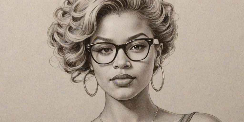 Dazzling Emmy Raver-Lampman, pencil sketch, portrait of Alluring woman 1974s in glasses, hair style beatnik, outline, clear lines, fine lines, 8k