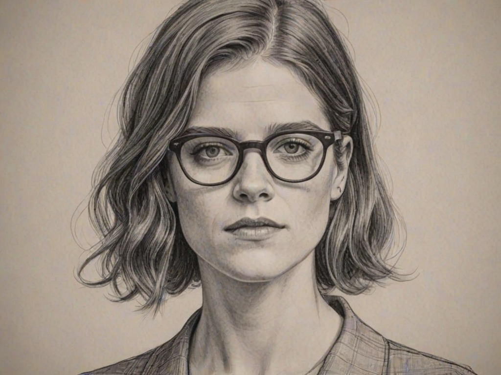 Bewitching Rose Leslie, pencil sketch, portrait of Fetching woman 1925s in glasses, hair style beatnik, outline, clear lines, fine lines, 8k