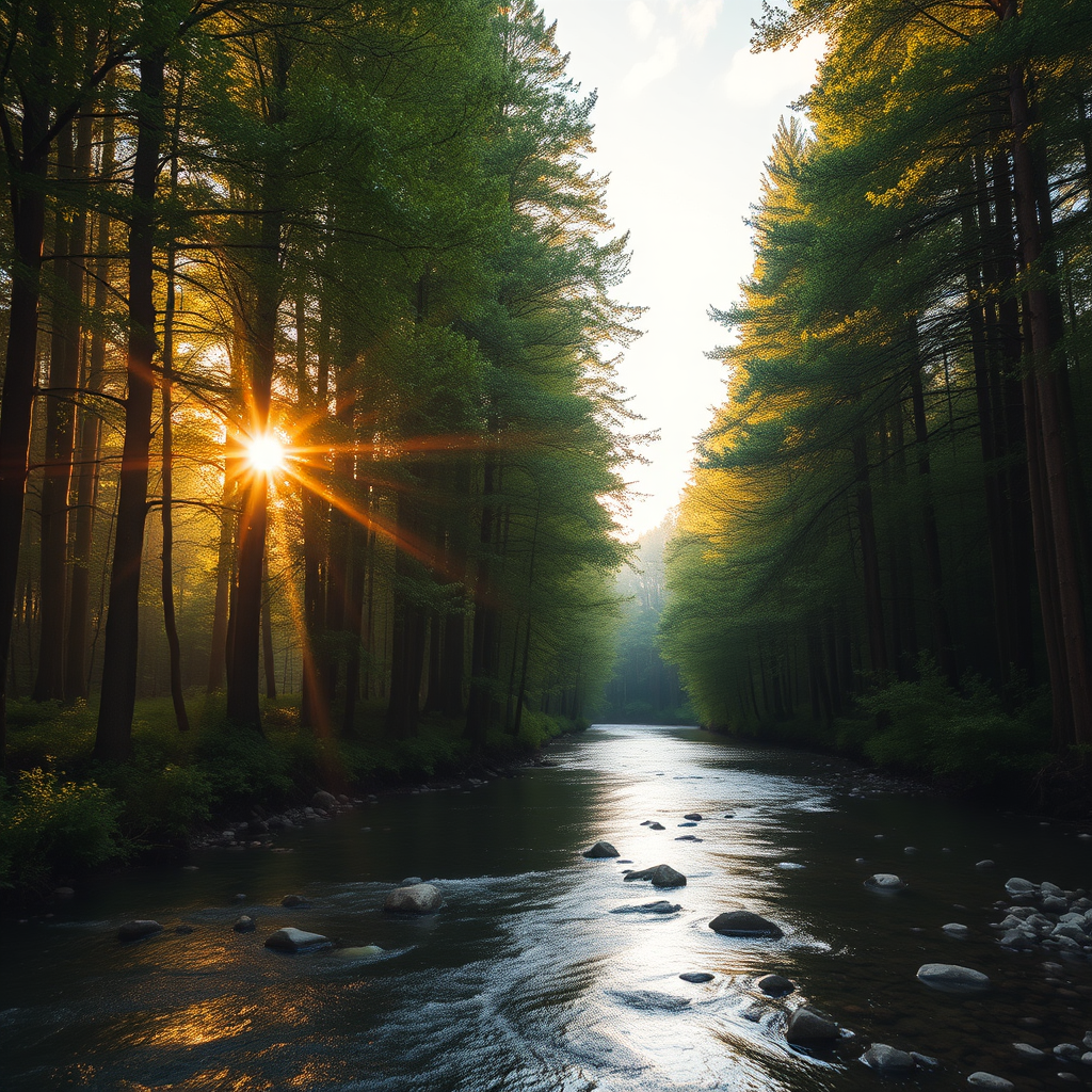 Create an image of a serene, sunlit forest scene with a clear, gently flowing river. Tall trees with lush green foliage line both sides of the river, their leaves bathed in the warm golden light of the setting or rising sun. The sunlight filters through the trees, casting soft, dappled light on the river, which flows over smooth rocks and pebbles, creating a peaceful, natural atmosphere. The sky is bright with a few scattered clouds, and the overall mood is tranquil, evoking a deep sense of connection with nature. The image captures the beauty of a calm, pristine forest landscape at either dawn or dusk.