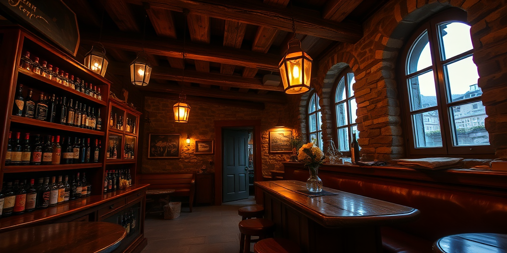 interior of a cozy tavern with a wooden bar and stone walls, warm lighting from hanging lanterns, a selection of bottles on the shelves, a window with a view outside, camera settings: ISO 400, f/2.8, shutter speed 1/60s, camera view: wide-angle, camera style: HDR, camera type: DSLR