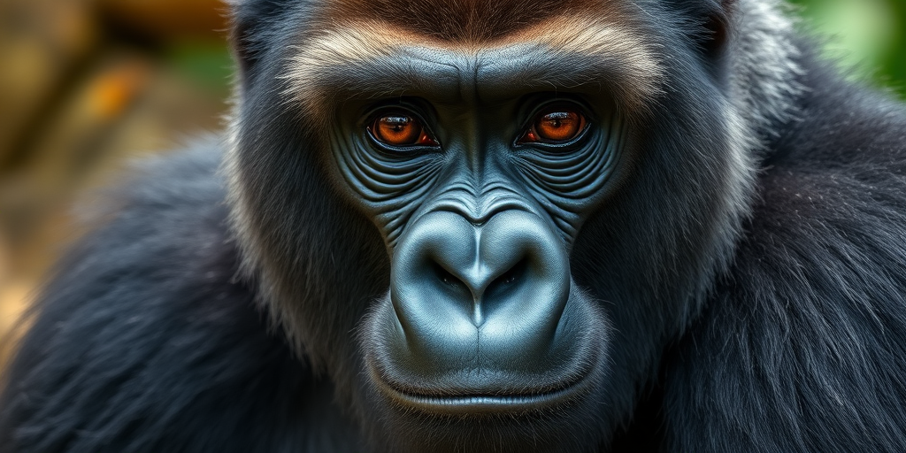 portrait of a gorilla with detailed fur texture and expressive eyes, natural lighting, aperture f/1.8, ISO 200, shutter speed 1/100, close-up view, DSLR camera, 85mm lens, high dynamic range photography