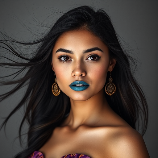 Photographic image of a beautiful young Native American woman, brown eyes, lips with cyan lipstick, long hair fluttering in the wind and wearing a silk strapless dress with a soft purple and orange print. monochrome image with only color highlights in the iris of the eyes, lipstick and dress. Gray background.