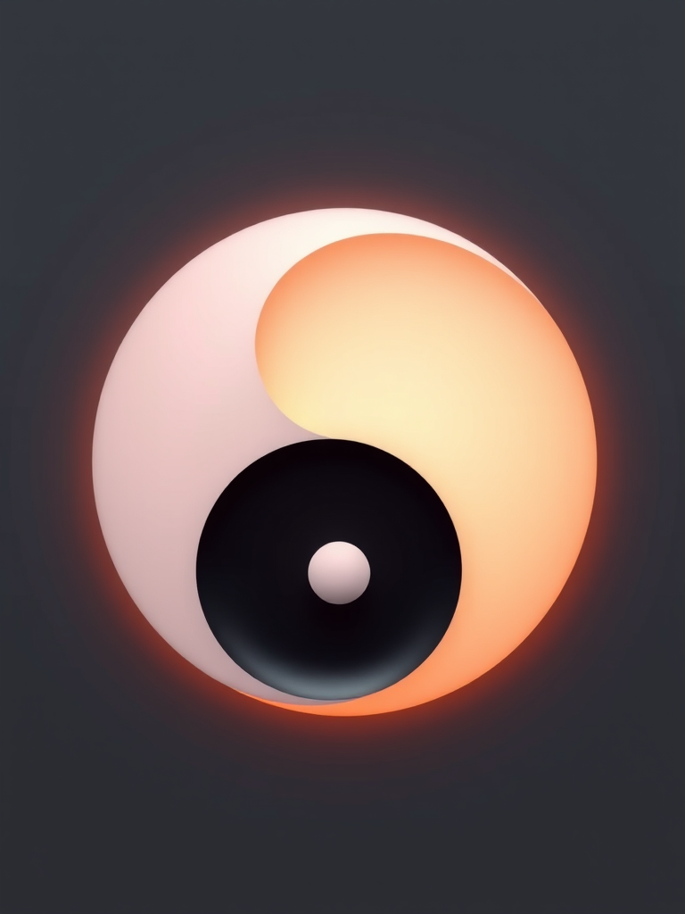 Create a high-resolution image of a yin-yang symbol with smooth gradients, using a Canon EOS 5D Mark IV camera, 50mm lens, f/1.8 aperture, ISO 100, shooting in RAW format, with a frontal view and soft lighting to enhance contrast and detail.