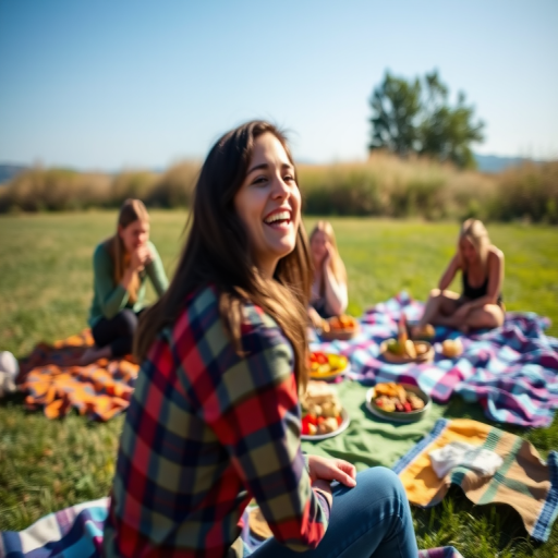 Blurry candid shot of a woman laughing with friends at an outdoor picnic, vibrant blankets spread out on the grass, and colorful food spread out around them under a clear blue sky.