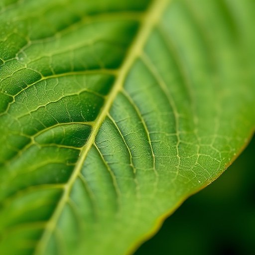Create a hyper-realistic image of a green leaf with intricate vein patterns, using a macro lens at f/2.8, 1/125s shutter speed, ISO 100, with soft natural lighting and a blurred background for enhanced focus on the leaf texture.