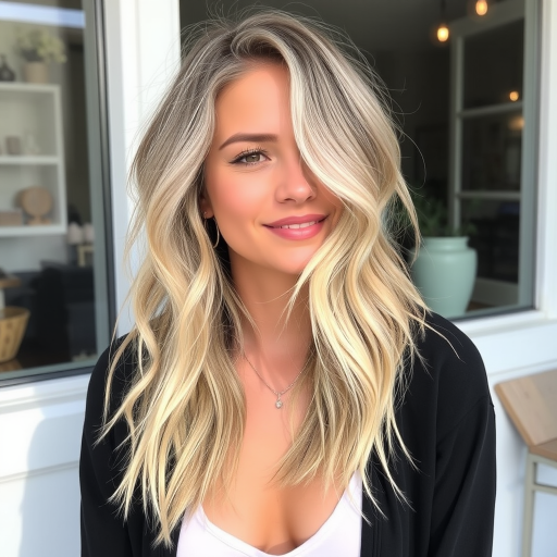 Chic ash blonde rocking a tousled lob with sun-kissed balayage, perfect for a beachy, carefree vibe and effortless elegance