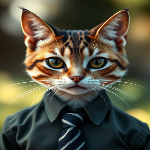 create an image of a humanoid cat character with a detailed face, wearing a formal shirt and tie, in a soft focus background, shot with a DSLR camera at f/1.8 aperture, 50mm lens, ISO 100, and natural lighting to enhance the features and textures