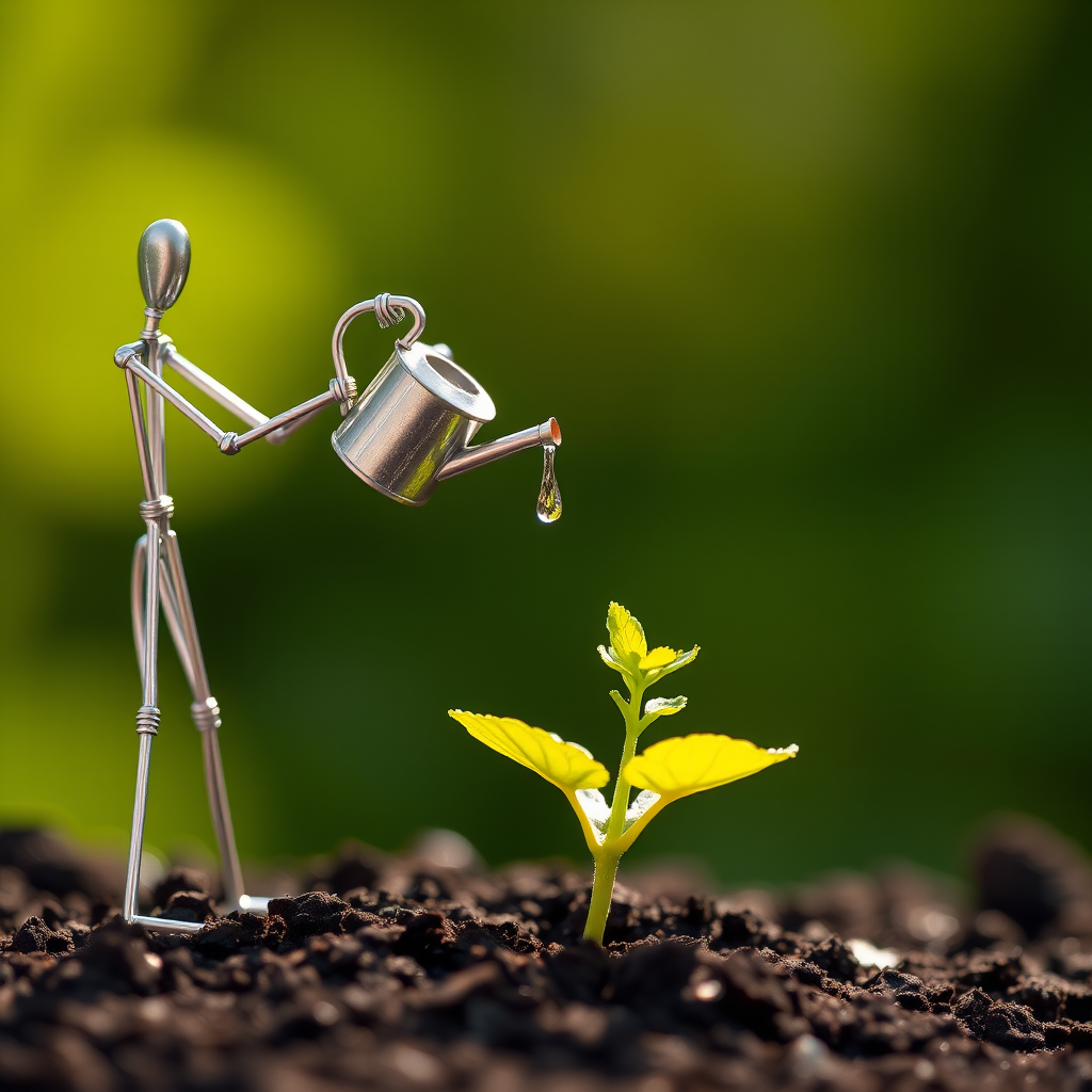 A metal figurine of a person, constructed from thin, silver rods, stands on the left side of the image, facing the viewer. The figurine is holding a small watering can and pouring water onto a young plant, with a few droplets in the air. The plant, with lush green leaves, is situated in the center, growing from dark soil. The background is a soft, out-of-focus blur of green, illuminated by warm, natural light. The composition creates a sense of depth and intimacy. The image evokes feelings of growth, nurture, and hope.