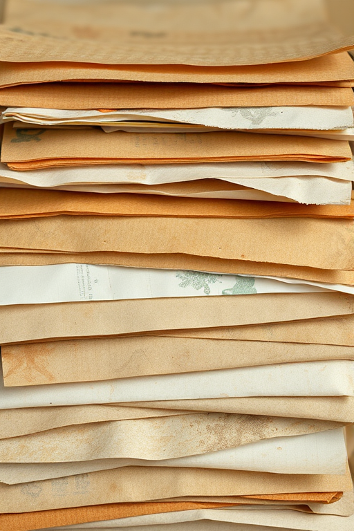 regenerate an image featuring an array of aged and textured paper sheets with various colors and patterns stacked in a slightly overlapping manner, shot with a Canon EOS R5, 50mm lens, aperture f/1.8, ISO 200, in natural light, with a slight tilt-shift effect for enhanced focus on textures