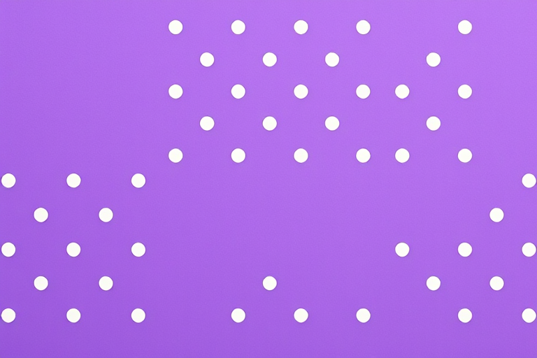 Create an image of a vibrant purple background with evenly spaced white polka dots, shot with a DSLR camera at f/8 aperture, ISO 100, 50mm lens, top-down view, and a shallow depth of field for a smooth, textured finish.