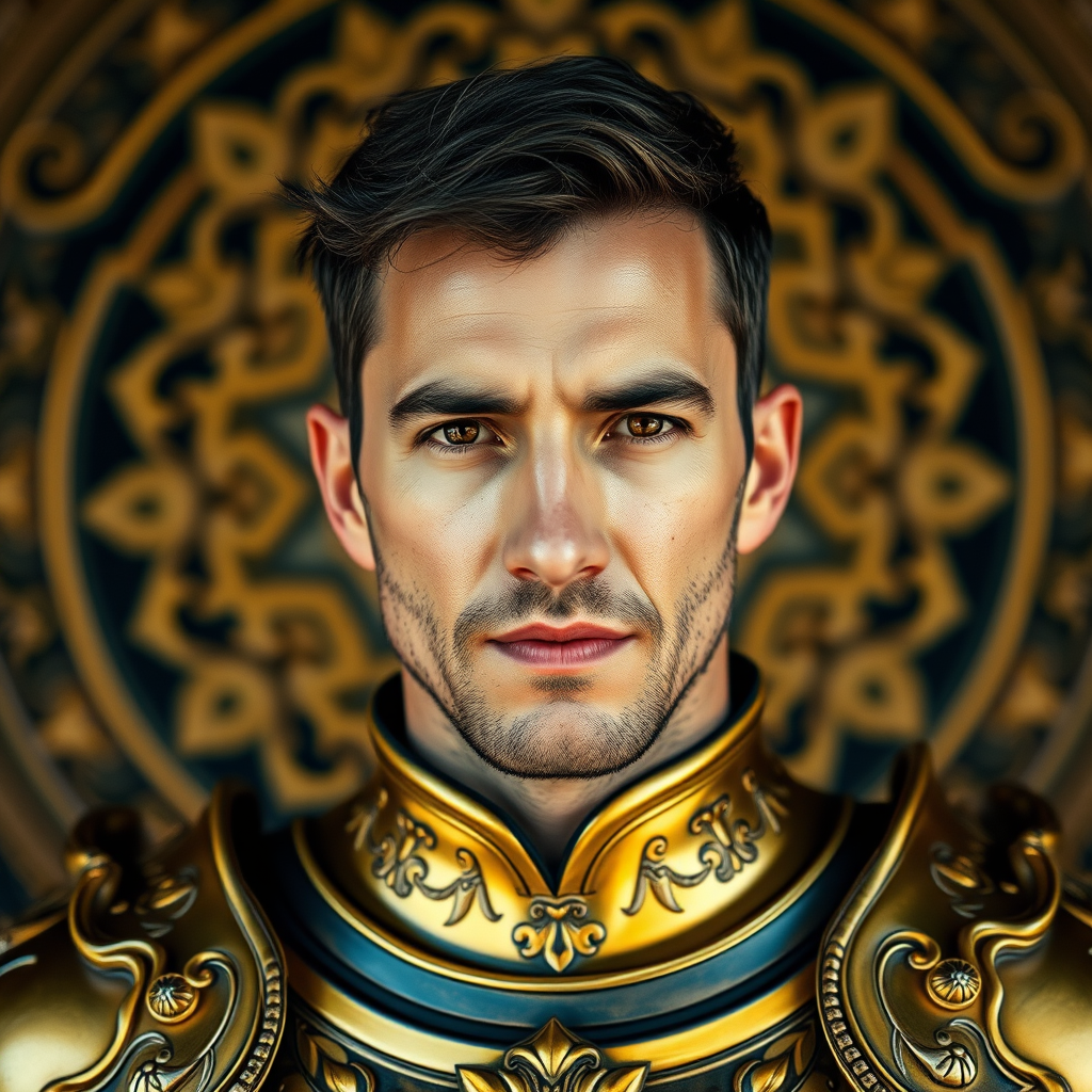 Portrait of a man in ornate golden armor with a detailed background featuring intricate circular patterns, captured with a DSLR camera at f/1.8, ISO 100, 50mm lens, natural lighting, shallow depth of field, emphasizing sharp details and vibrant colors.