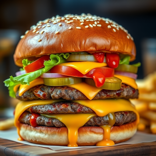 High-resolution, close-up image of a gourmet double cheeseburger. The burger features a glossy, sesame-seed-topped brioche bun. Inside, there are two thick, juicy beef patties, each topped with melted cheddar cheese. The burger is garnished with fresh lettuce, tomato slices, diced onions, and pickles. A generous amount of ketchup and a creamy, orange-colored sauce is dripping down the sides, adding to the mouth-watering appeal. In the background, there are blurred elements including a side of golden French fries and a hint of a beverage, enhancing the overall presentation of a delicious meal.