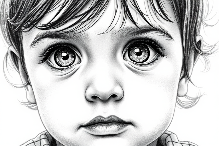 A hyperdetailed photorealistic black and white sketch of a beautiful toddler with deep white eyes, with a macro focus
