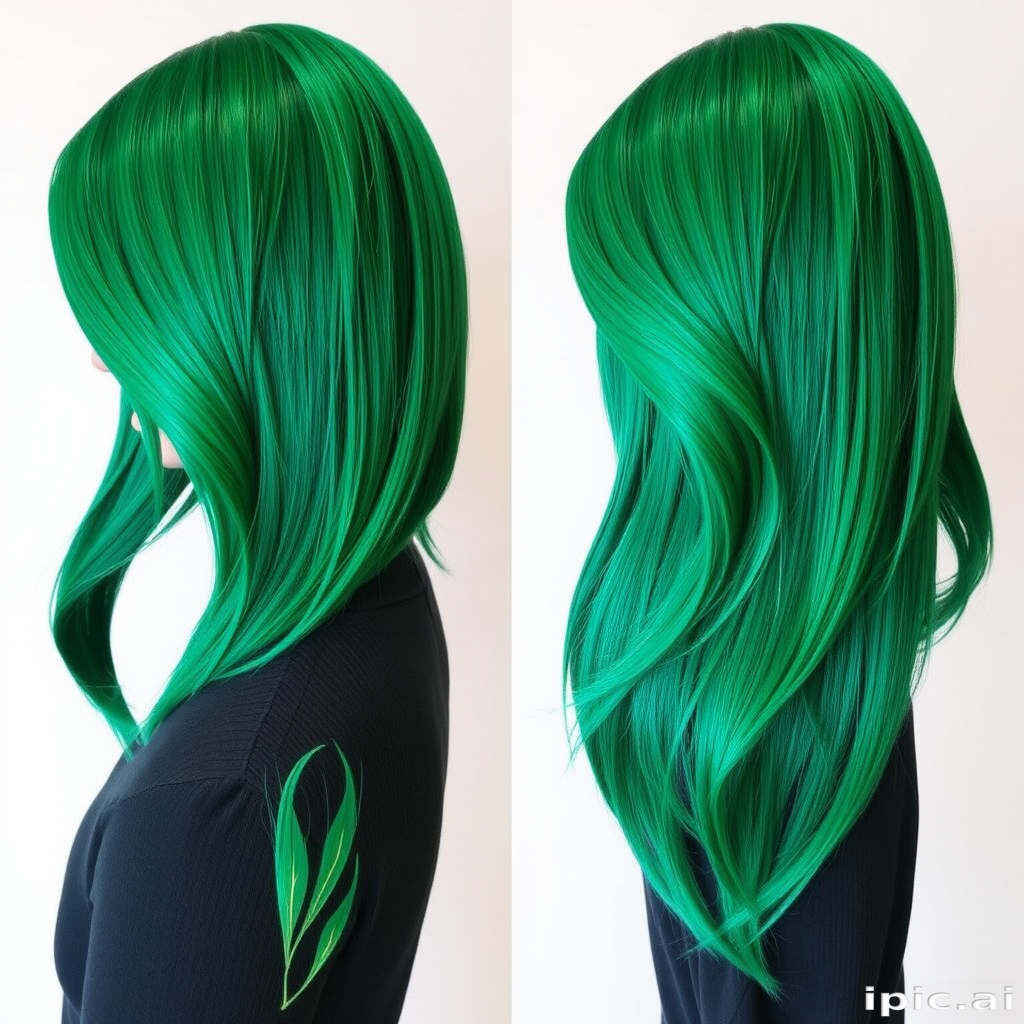 Striking emerald green bob with asymmetrical layers, designed by Jade Evergreen, boasting a sleek shine and subtle blue undertones, accented with hand-painted gold leaf patterns along the edges