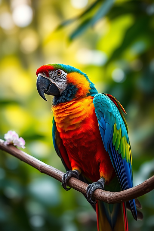 Create a vibrant image of a colorful parrot perched on a branch in a lush forest setting, using a Canon EOS R5 with a 50mm f/1.2 lens, aperture set to f/2.8, ISO 100, shutter speed 1/200s, soft bokeh background to enhance details and vivid colors.